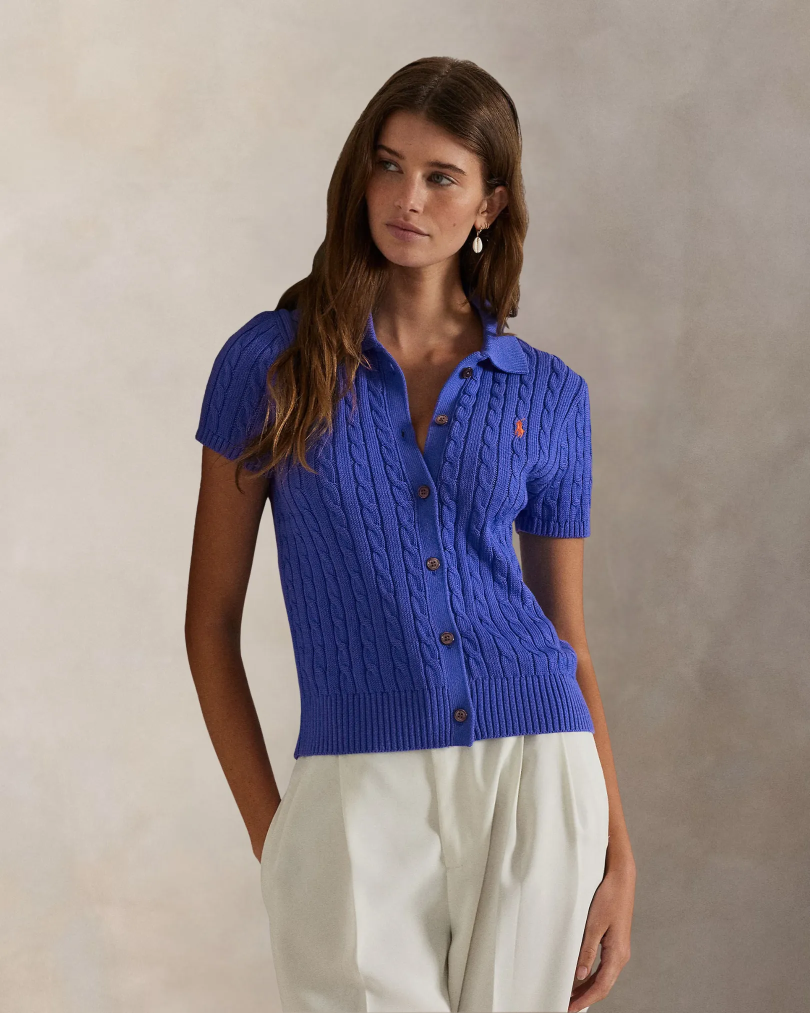 Ralph Lauren Cable Cotton Short-Sleeve Polo Cardigan