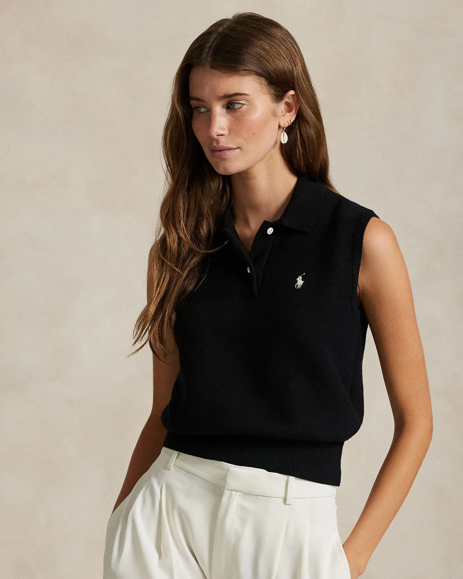 Ralph Lauren Cotton Cropped Sleeveless Polo Sweater