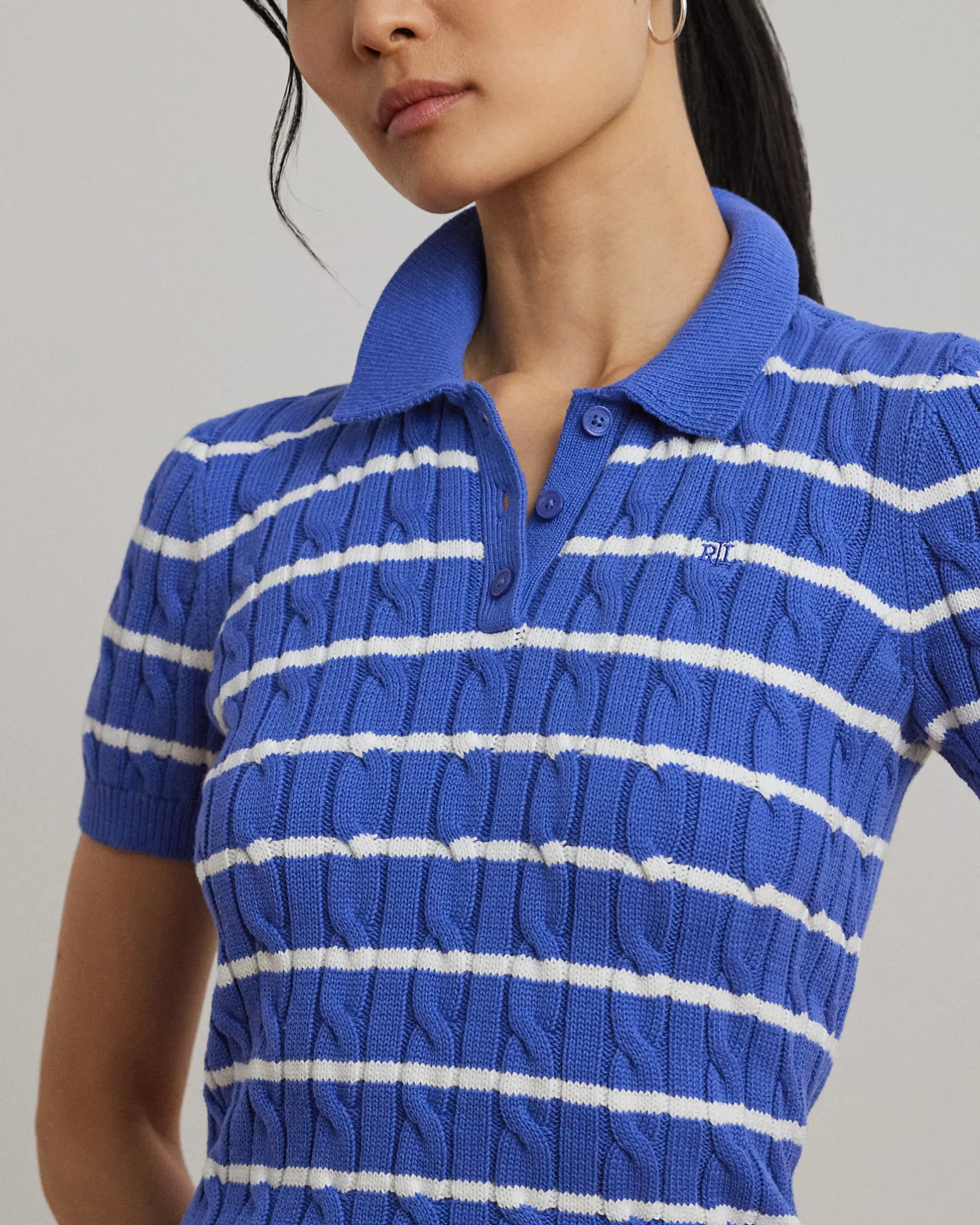Lauren Ralph Lauren Striped Cable-Knit Cotton Polo Jumper, деталь