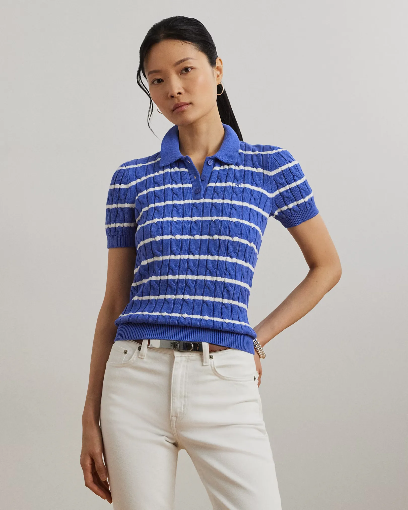 Lauren Ralph Lauren Striped Cable-Knit Cotton Polo Jumper