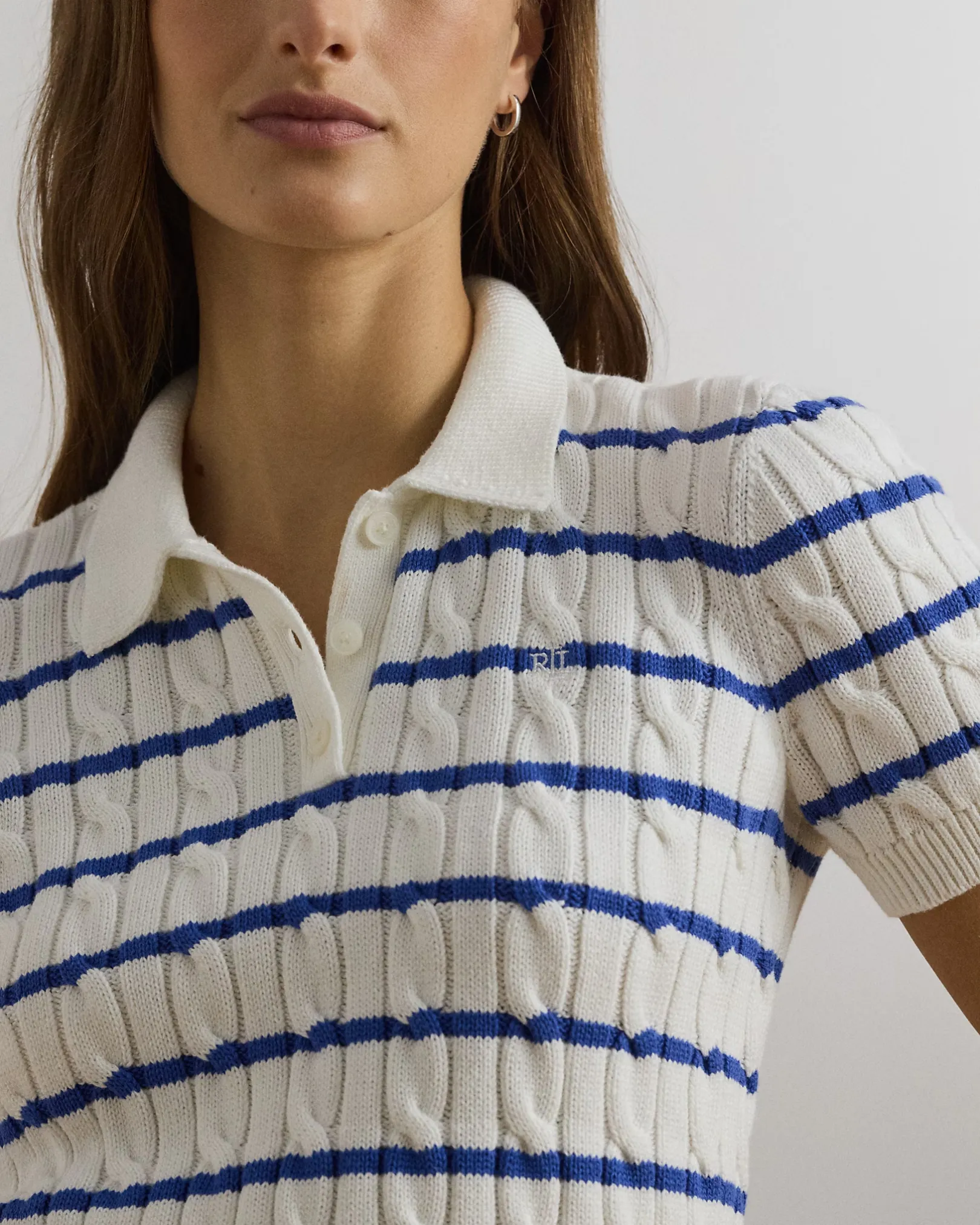 Lauren Ralph Lauren Striped Cable-Knit Cotton Polo Jumper, деталь