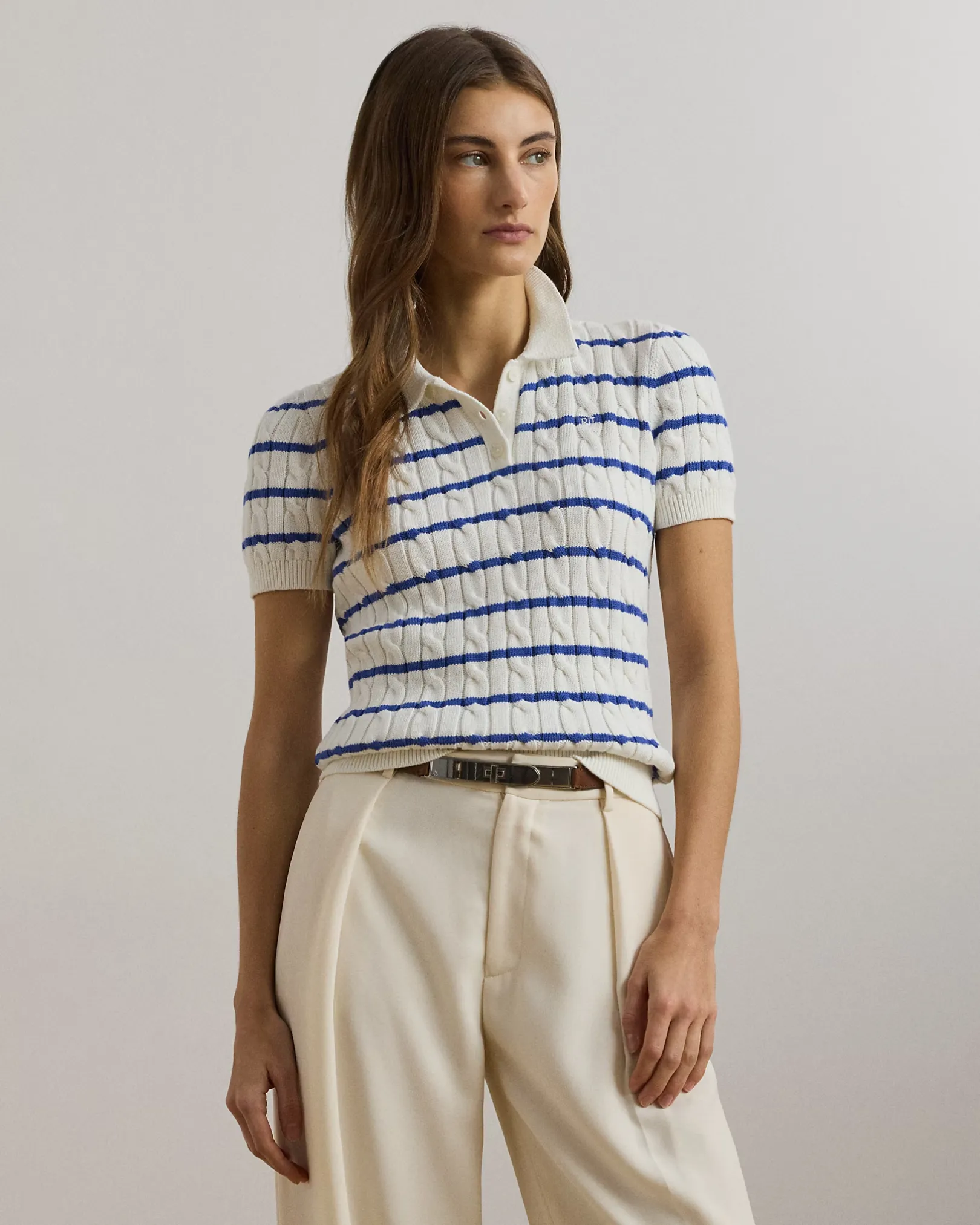 Lauren Ralph Lauren Striped Cable-Knit Cotton Polo Jumper