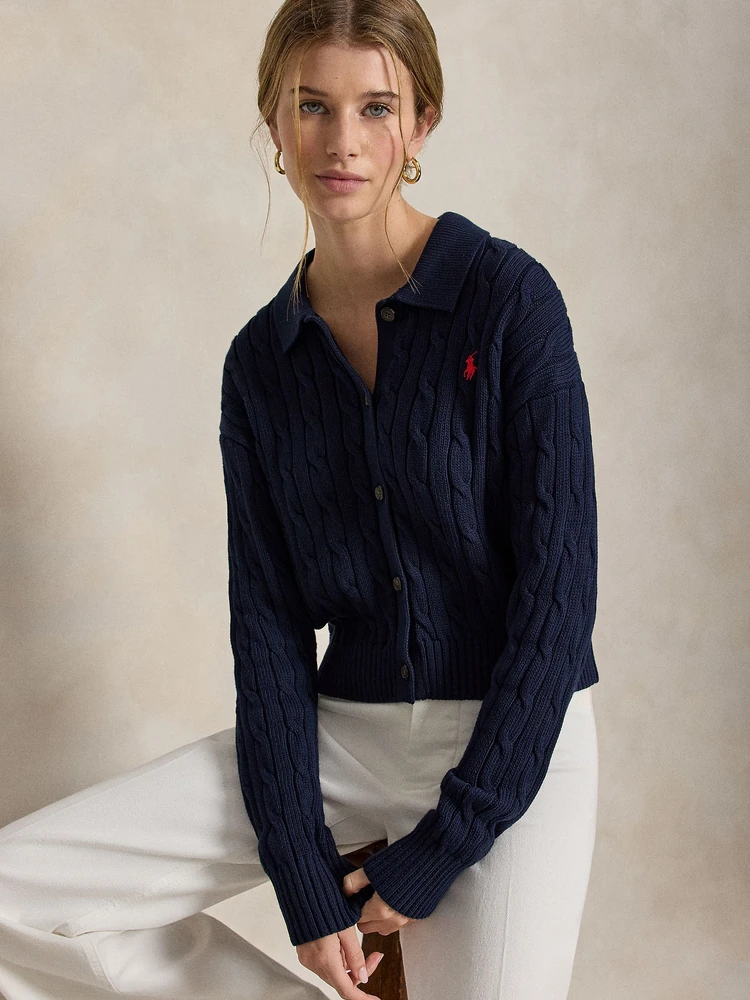 Polo Ralph Lauren Хлопковый кардиган косой вязки с воротником поло, деталь